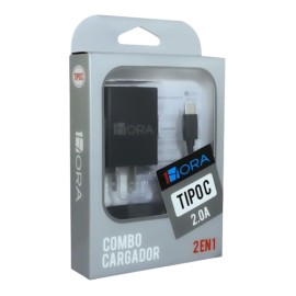 CUBO Y CABLE 1HORA TIPO C 2.0A NEGRO BLANCO GAR080