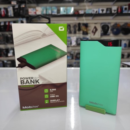 POWER BANK 6,000 MAH POWERFREE PANTALLA DIGITAL LINTERNA LED 1XUSB VERDE  MOBIFREE MB923477