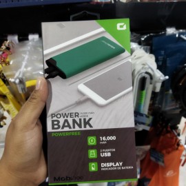 POWER BANK 16,000 MAH POWERFREE PANTALLA DIGITAL INDICADOR LED 2XUSB VERDE  MOBIFREE MB923552